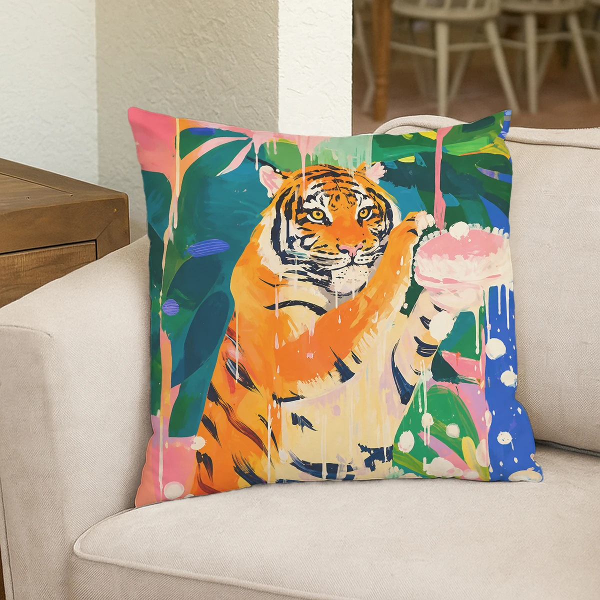 Funny Giraffe Pattern Polyester Pillow Cover - 2D Printed Decorative Pillowcase for Home Sofa Bedroom, No Insert Included