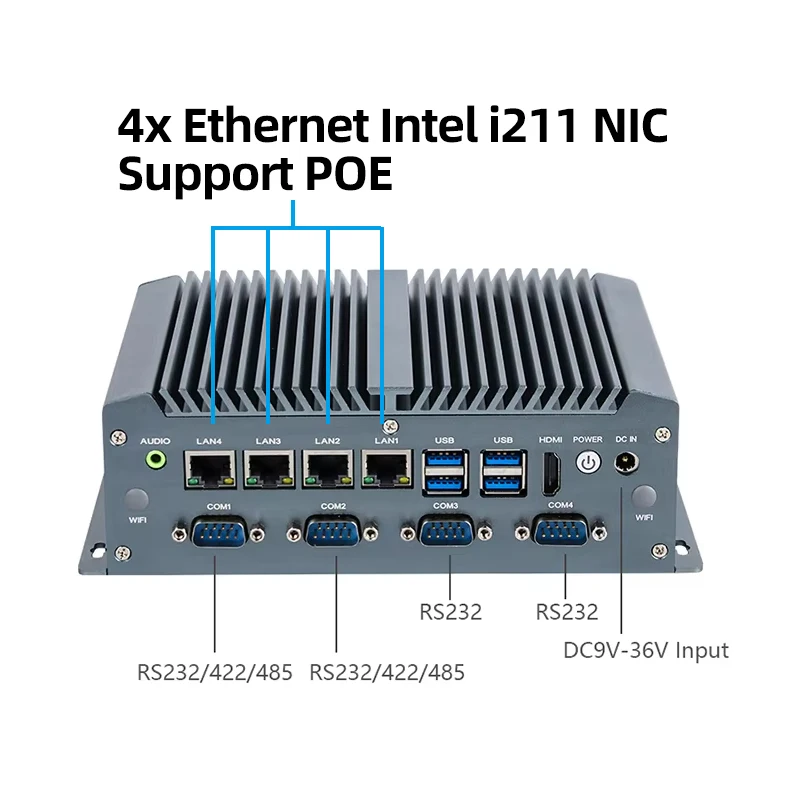 Mini PC industrial sem ventilador Intel 8a 10a geração CPU 4x GbE POE 6x COM RS232 RS485 GPIO LVDS 4G LTE Windows Linux Entrada DC9V-36V