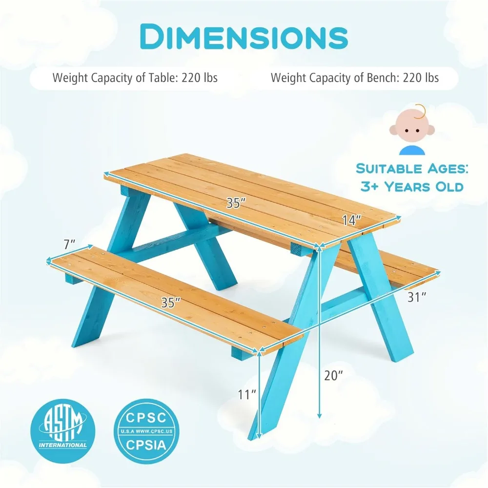 Kids Picnic Table, Fir Wood Children’s Activity Table with Benches, Toddler Patio Furniture Set, Kids Table and Chair