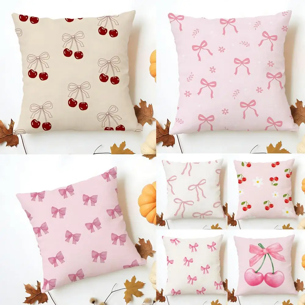 Sweet Feminine Romantic Pink Bow And Cherry Cushion Cover Sofa Home Decor Living Room Accessory Holiday House Cushion Shell
