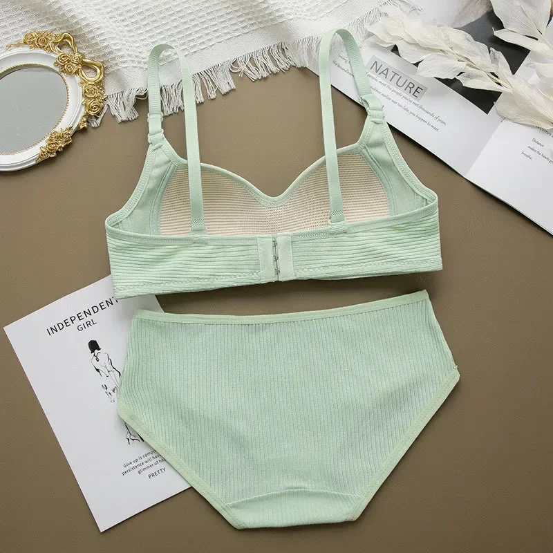 Women Seamless Bra Sets Panties+Wire Free Bra 2Pcs Suit Solid Color Bralette Lingerie Sexy Brassiere Cotton Female Underwear Set