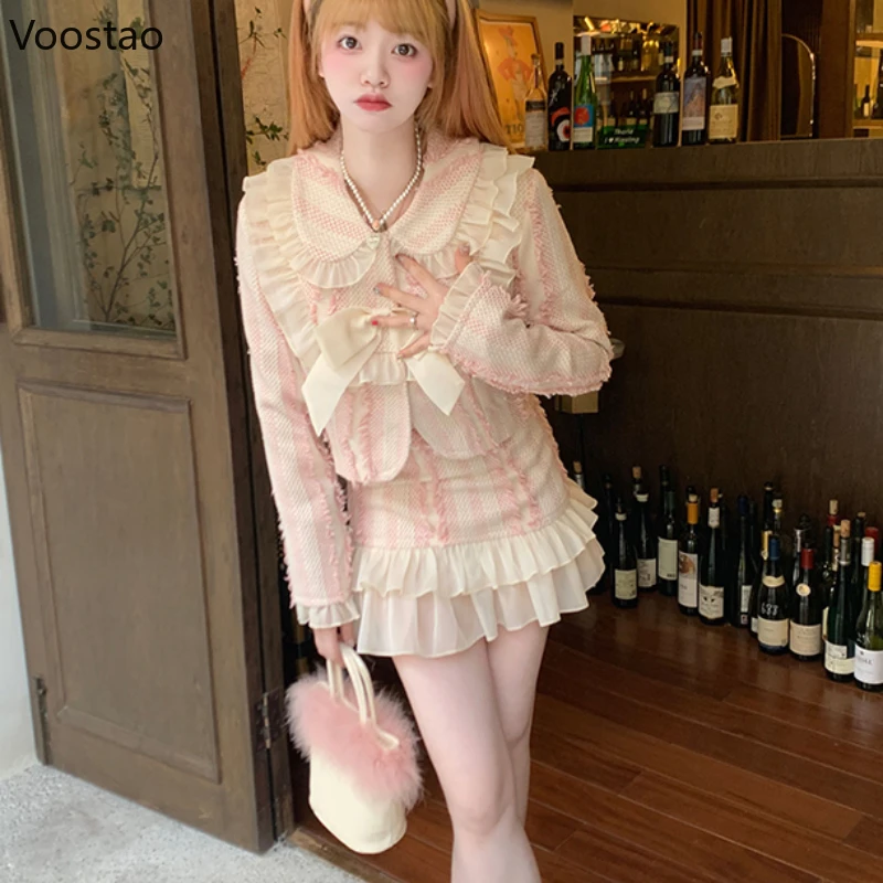 Elegant 2 Piece Set Women Patchwork Bow Pink Coats Short A-line Skirts Female Vintage Casual Sweet Mini Skirt Suit Autumn Winter