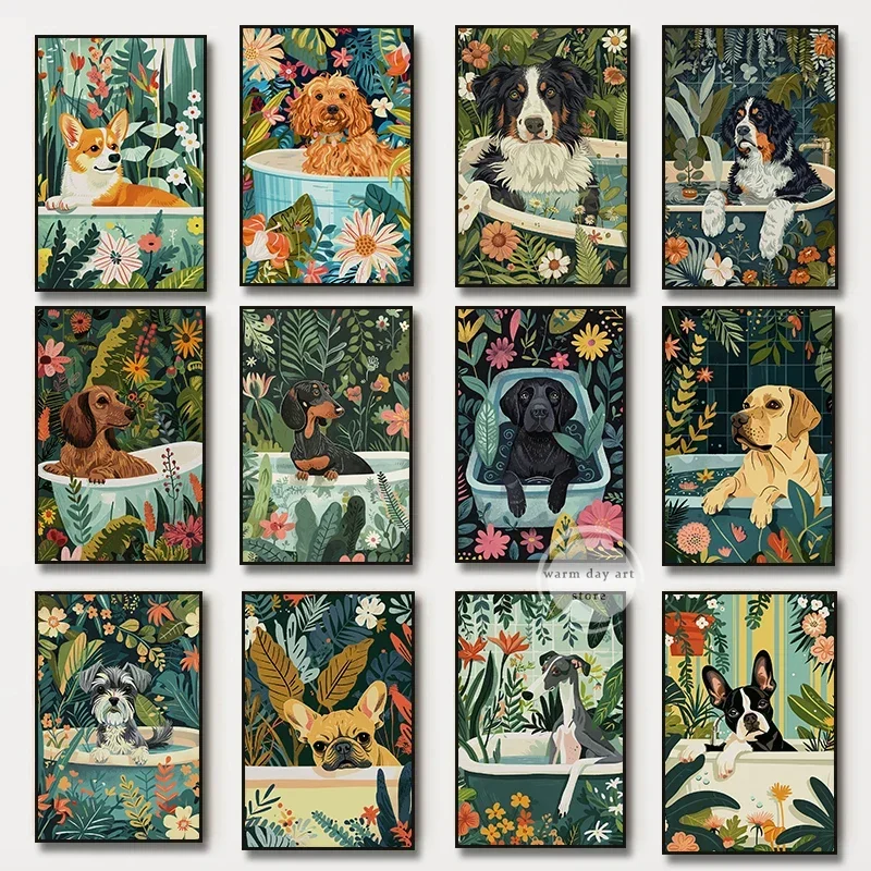 (No frame)Cavoodle French Bulldog Dachshund Shiba Inu Corgi Greyhound Canvas Painting Wall  Jungle Tropical Poster Print Bath