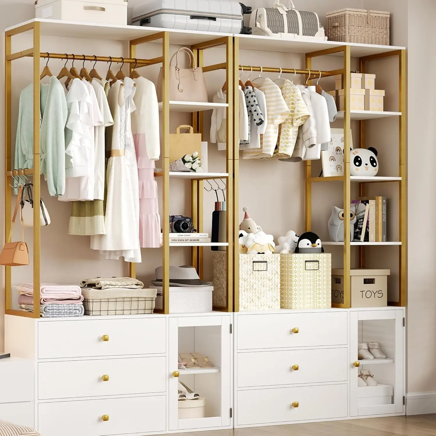 

Closet Organizer System, 81.3”H Garment Rack with 3 Wood Drawers and Storage Shelves, Clothes Rack with Hanging Rod
