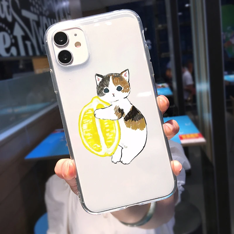 Funny Cat with Fruits Phone Case For iPhone 16 15 14 13 12 11 Pro XS MAX 7 XR 8 7 Plus Clear Cover Fundas