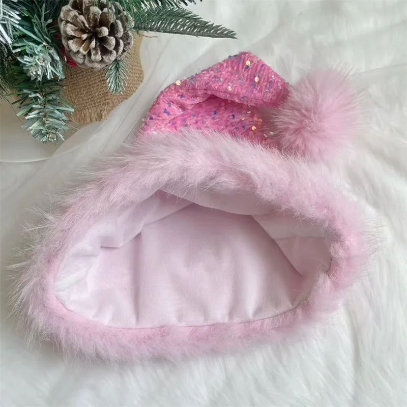 Rosa doppellagige Pailletten-Weihnachtsmütze, Plüsch-Weihnachtsmannmütze mit langem, flauschigem Bommel, Weihnachtsfeier-Dekoration für Erwachsene und Kinder – Detail 5