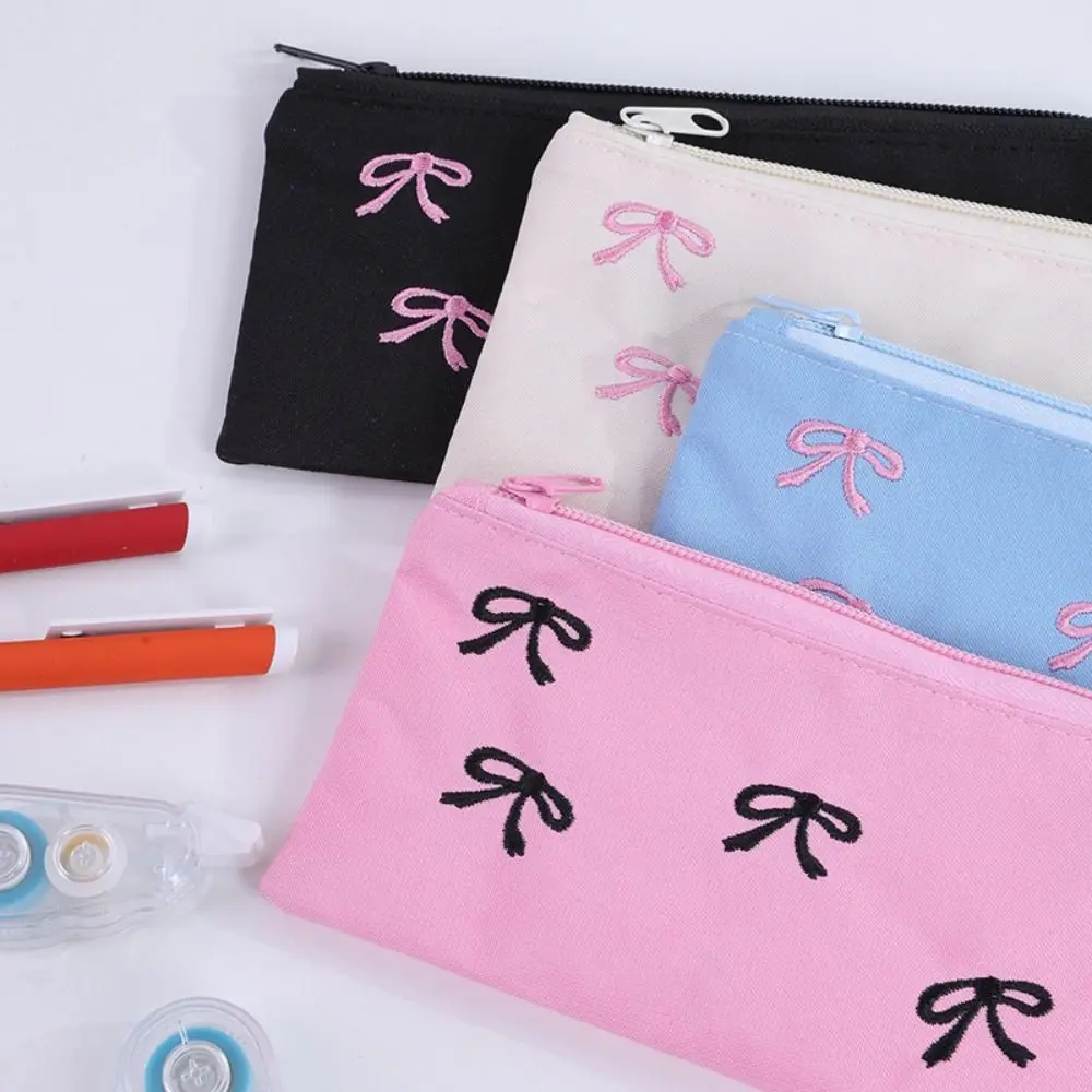 جديد قماش لطيف حقيبة مطرزة Bowknot جميل طباعة حقيبة مستحضرات التجميل شكل مربع حقيبة أدوات مكتبية