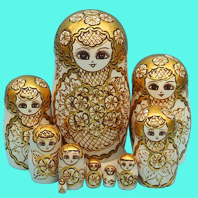 10pcs/set  Wood Doll Russian Nesting Dolls Golden Matryoshka Dolls Creative Christmas Gifts Traditional Matryoshka Dolls Toys