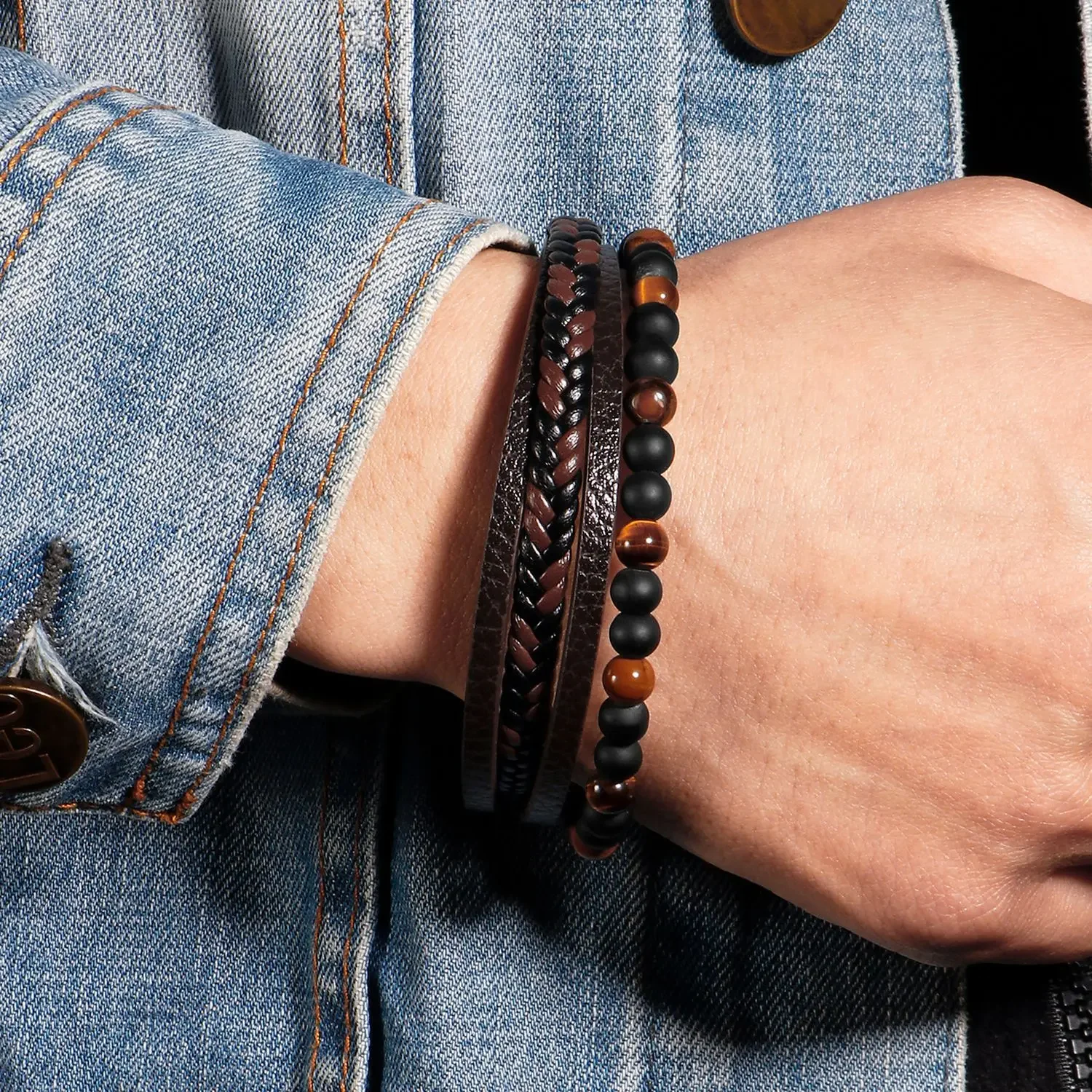 

New Tiger Eye Leather Bracelet Men Classic Fashion Steampunk Beaded Multi Layer Wide Black Bracelet for Men Jewelry Gift