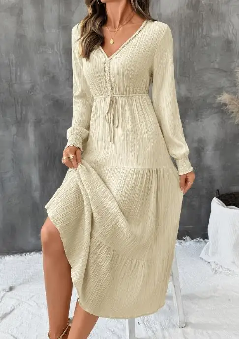 

Elegant V-Neck Patchwork Summer Dress for Women with Cinched Waist And Lace-Up Long Sleeves Textured Long Dress 2025 Style