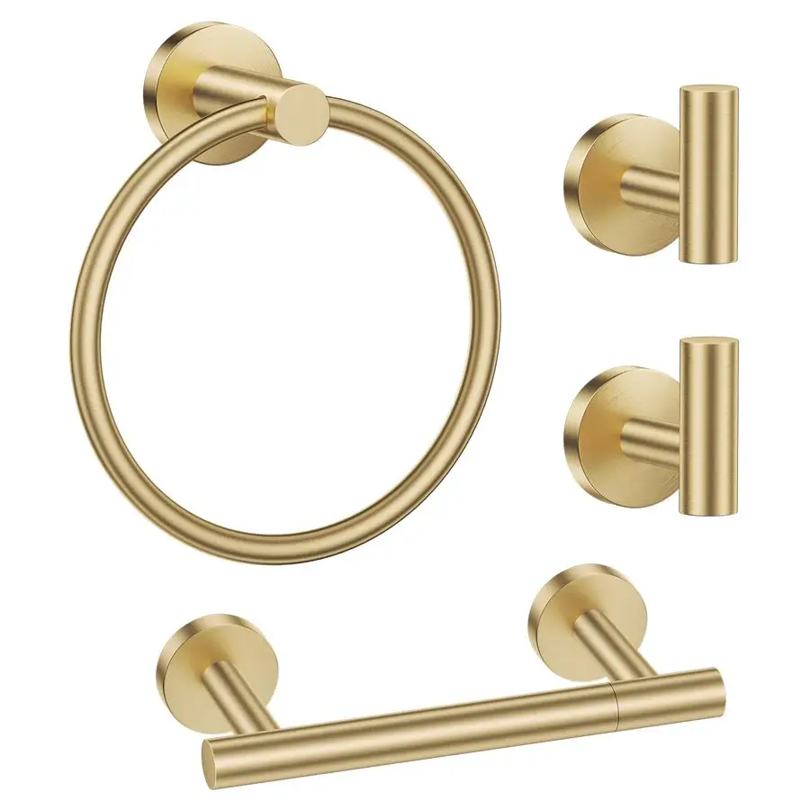 

Набор держателей для полотенец из матовой золотистой нержавеющей стали: двойной держатель для туалетной бумаги, кольцо для полотенец и 2 крючка для полотенец, настенный монтаж.