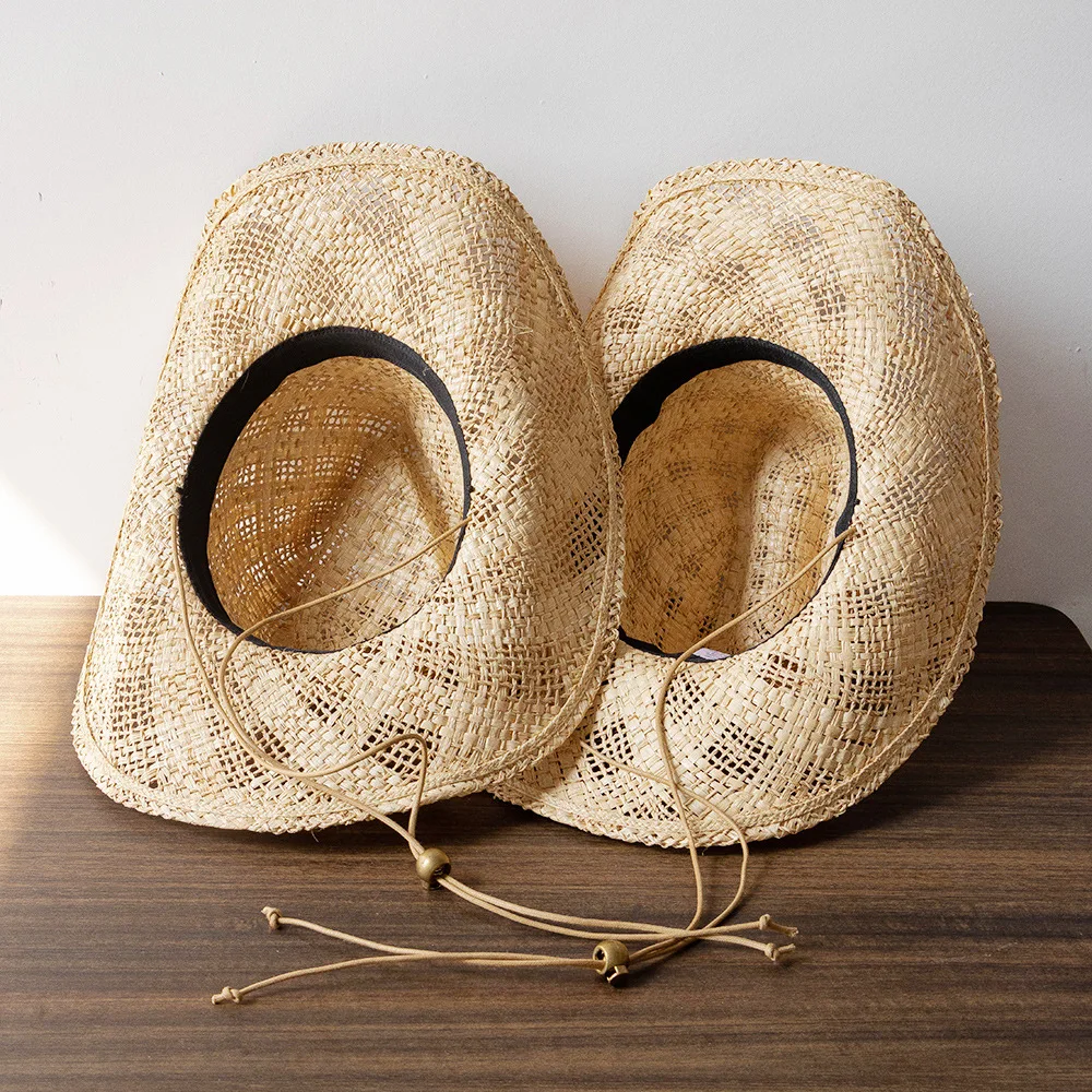 USPOP Wide Brim Straw Fedora Unisex Raffia Straw Cowboy Hat Handwoven Breathable Hollow Summer Sun Hat with Chin Strap