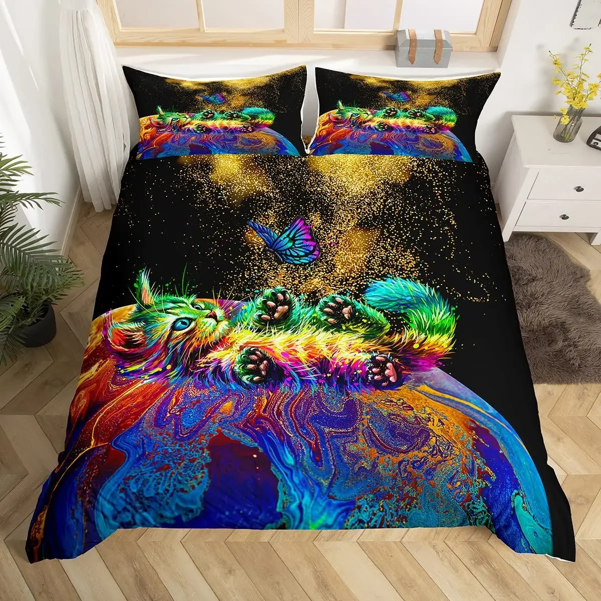 Rainbow Cat Butterfly Duvet Cover Set King,Watercolor Tie Dye Planet Galaxy Outer Space Bedding Set Shiny Golden Glitter Bed Set