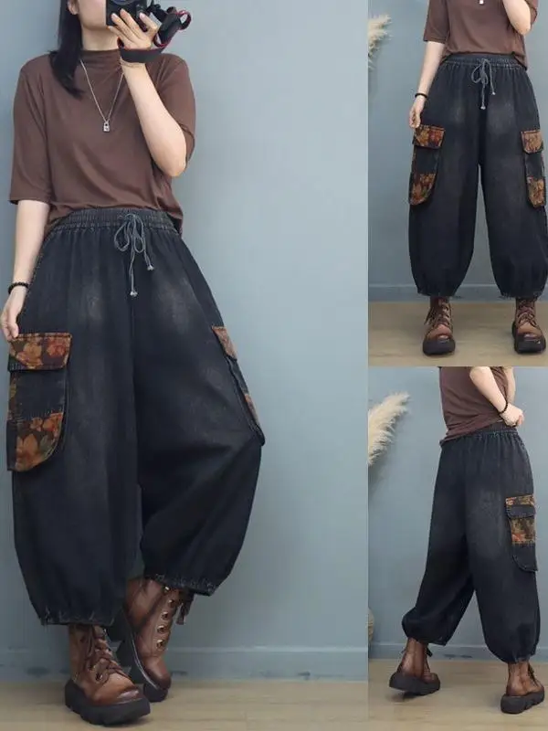 

Retro Loose Wide Leg Jeans Women's High Waist Bell Bot Pants Distred Printed Workwear Trousers with Big kets