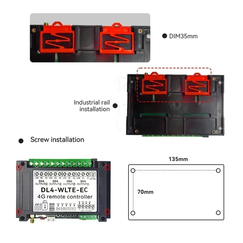 DL4-WLTE-EC Gsm 4G LTE SMS APP Remote Control Switch 30A Gsm Power Off Socket 4-Channel Relay Switch Temperature Monitor Output