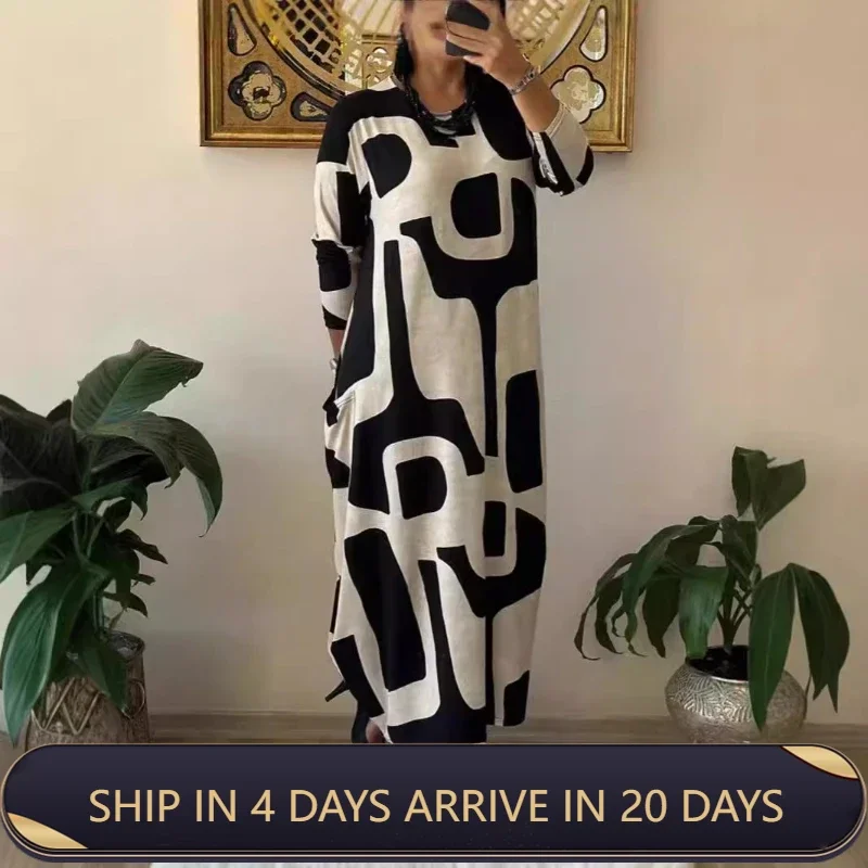 

Fashionable Printed Long Sleeve Loose Round Neck Plus Size Dress For Women In 2024 Autumn And Winter