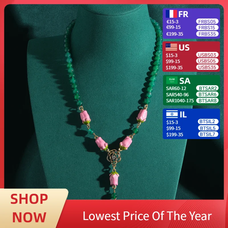 

Vintage Emerald Green Necklace Beads Woman Pink Tulip Flower Pendant Jewelry For Evening Party Antique Accessories Beauty 2025