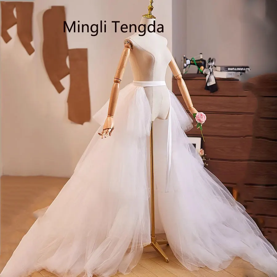 Mingli Tengda สีขาวหลายชั้นกระโปรง Tulle ที่ถอดออกได้รถไฟเอวฉัตร PUFFY ตาข่ายกระโปรงที่ถอดออกได้ผู้หญิง CUSTOM Made