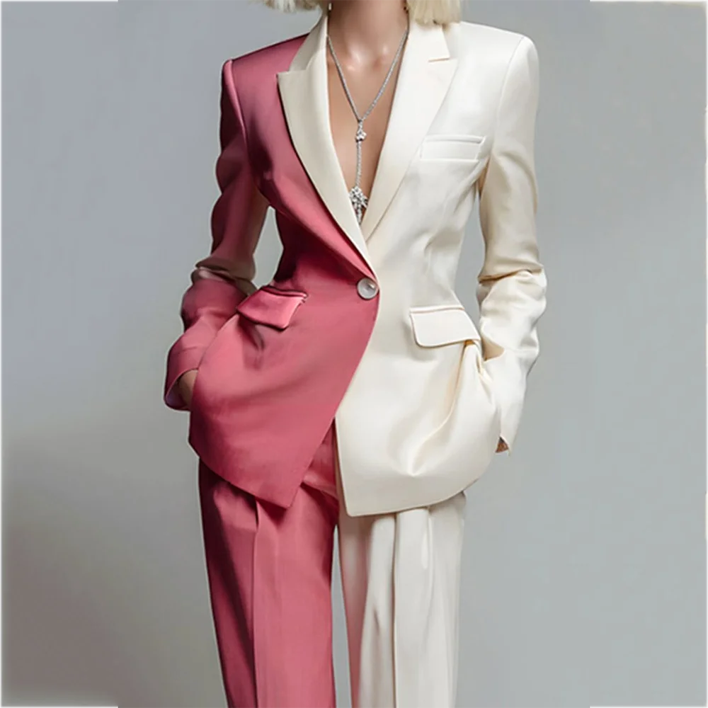Modern Fashion Women's Suit Peaked Lapel Contrast Color Outfit Classic Single Button Elegant Lady Set Two Piece Jacket Pants