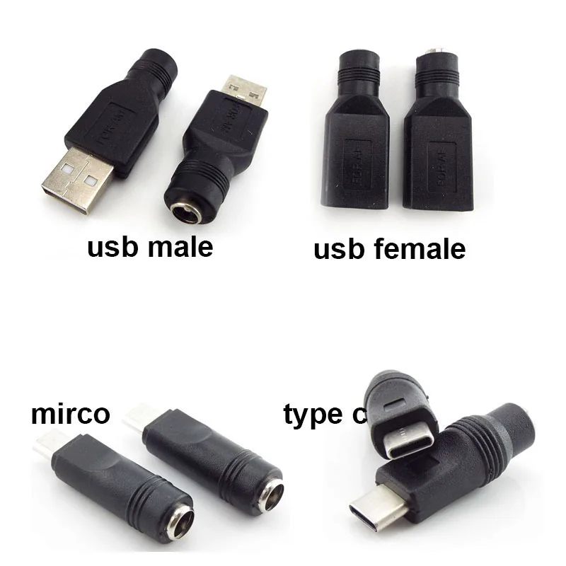 DC Fêmea Power Jack Connector, 5.5x2.1mm para Mirco Tipo C, AUSB 2.0 Conector de plugue macho, adaptador para laptop, 1 ou 5 pcs