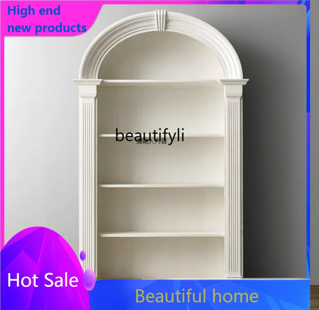 American-Style Solid Wood Bookcase Curved Bookshelf Simple Bookcase Shelf Ivory White French Antique Reproduction Furniture