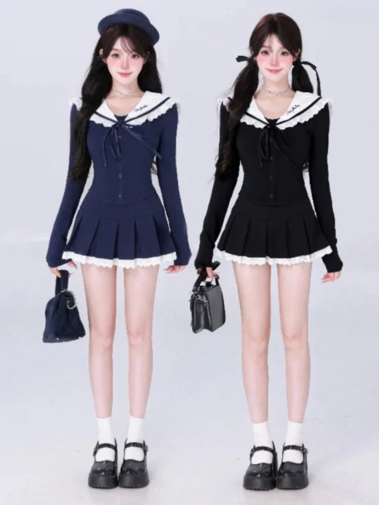 

Preppy Style Two Pieces Set Women Sailor Collar Patchwork Crop Tops + Mini High Waist Pleated Skirts Autumn Knitted Grunge Suit