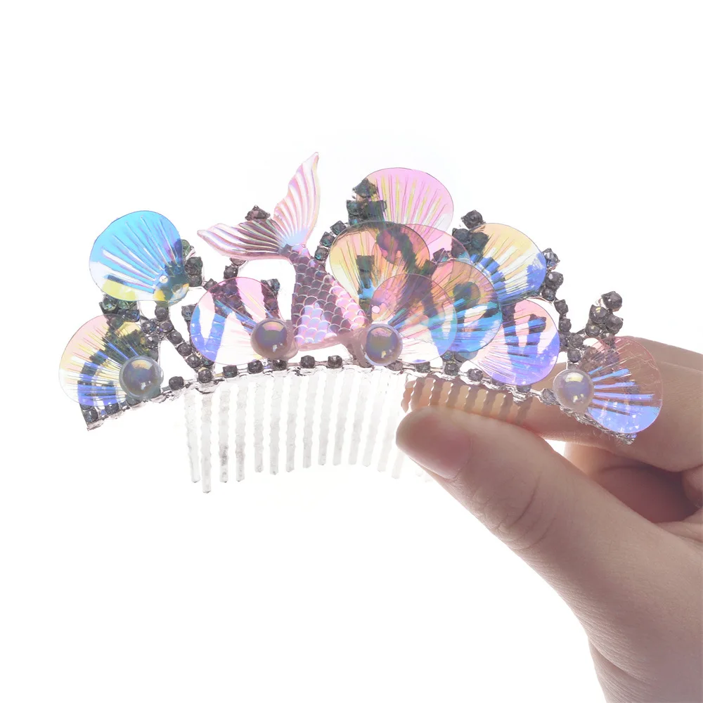 

Girls Princess Mermaid Rhinestone Comb Crown Birthday Performance Baby Hair Clip Hairpin Hair Accessories for Birthday Party