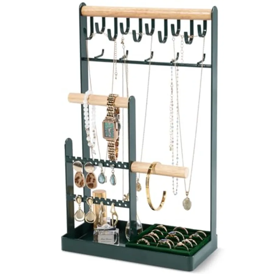 

Jewelry Stand Holder Organizer 5-Tier Necklace Holder with Ring Tray 15 Hooks Necklaces Hanging Small Jewelry Display Storage T