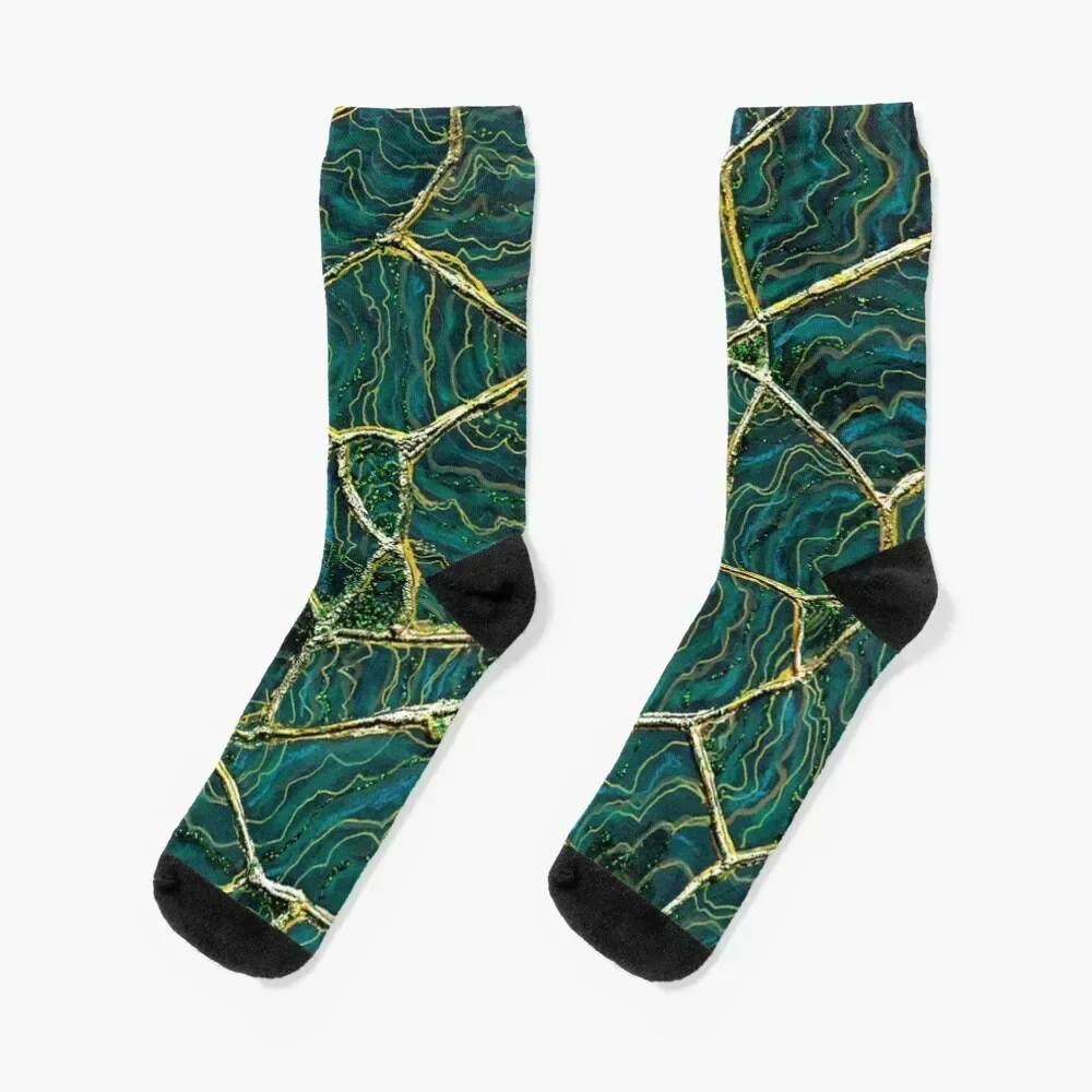 Malachite Gemstone Art / Healing Stone Painting / Green Malachite / Gold Vein Kintsugi Socks hip hop Boy Child Socks Women's