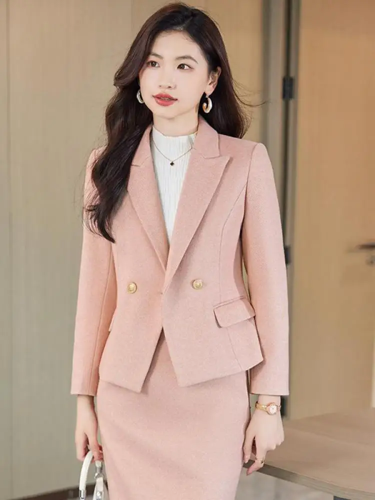 Winter Solid Woolen Businesss Slim Formal Office Lady Blazer Tops + Zipper Midi Split Skirt Women 2pcs Sets Elegant Quality Suit