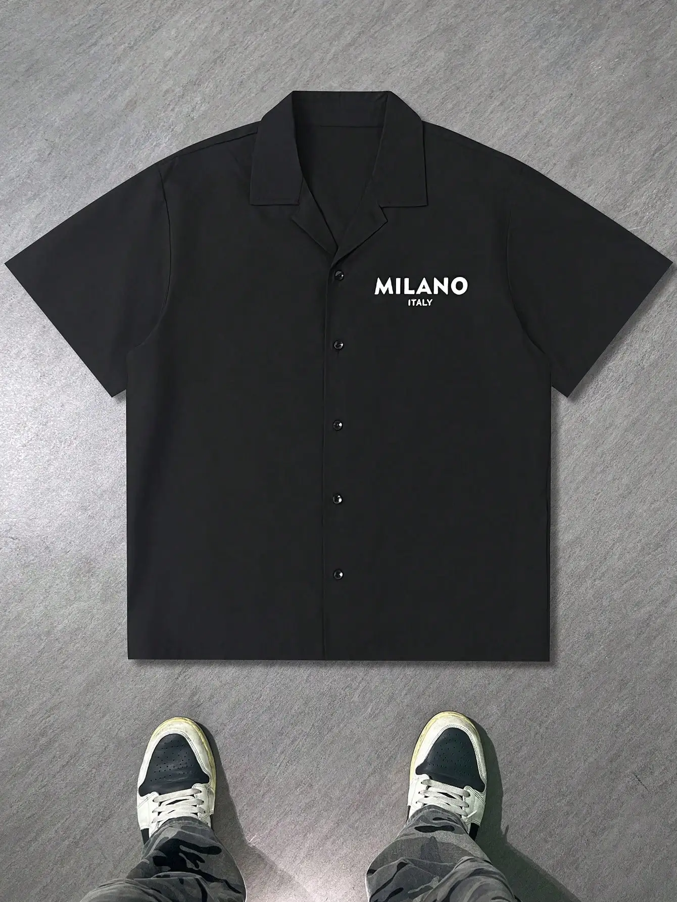 

Men's Black Short Sleeve Button-Up Shirt with White Text Print