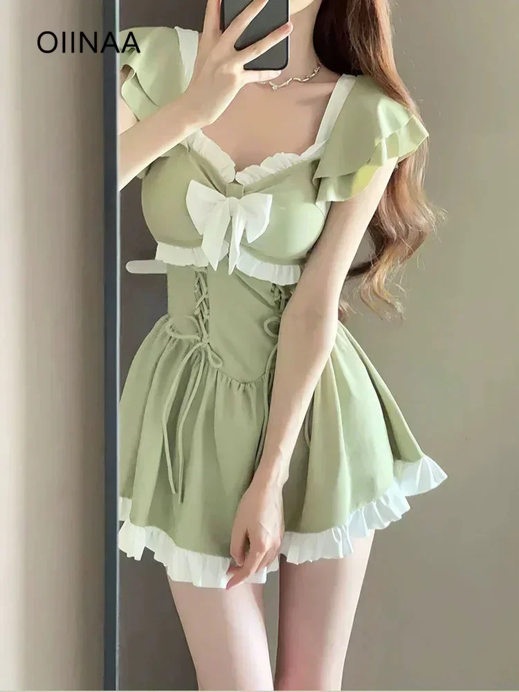 

OIINAA Bow Swimming Suit Women Swimwear Sweet Girl Spliced Ruffle Lace Up Chic Fashion One Piece Bodysuit Swimsuit Bathing Dress
