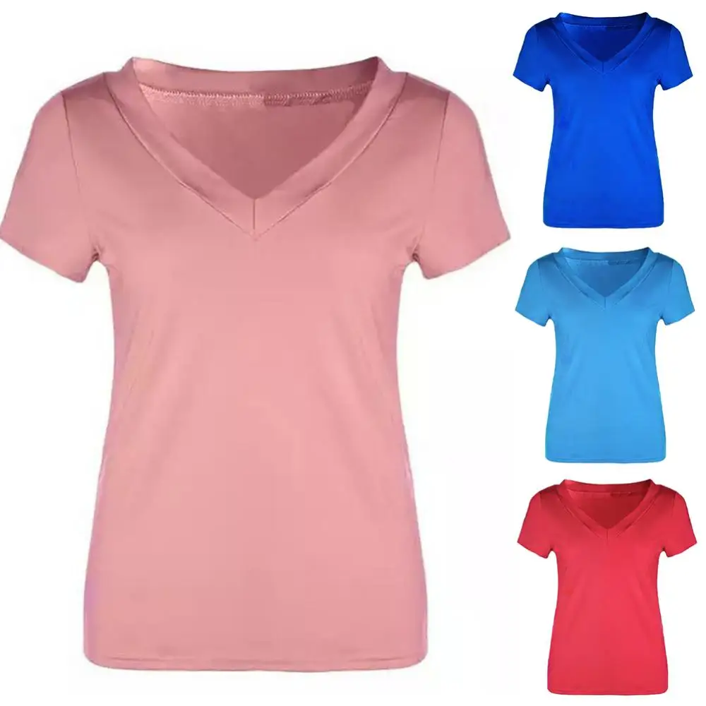 Top Summer Women Solid Color Plus Size Slim T-Shirt tshirt Deep V футболки женские летние футболка 2020 женская