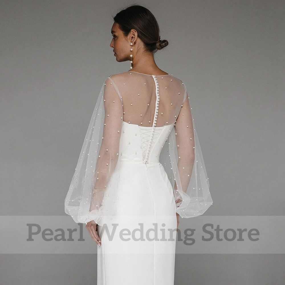 Chic Pearl Tulle Wedding Dress O-Neck Illusion Lantern Long Sleeve Vestidos De Novia Floor Length with Button Civil Bridal Gowns