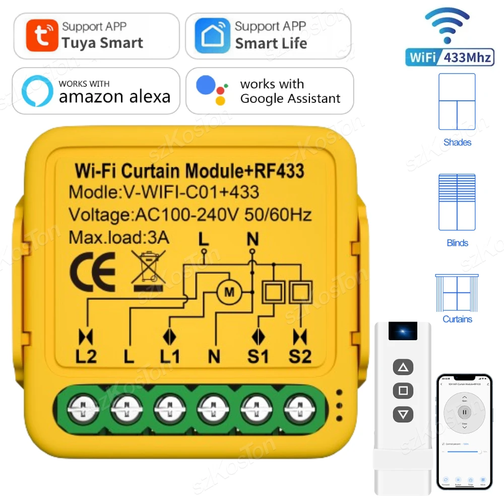 

Tuya Smart WiFi RF433 Контроллер переключателя штор Роликовые жалюзи Двигатель затвора Smart Life Приложение Дистанционное управление Голос для Alexa Google