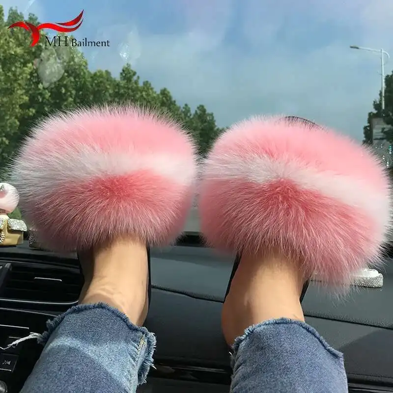 

Fur Slippers Women Summer Fluffy Plush Casual Fluffy Flat Non-Slip Real Fox Fur Slides Outdoor Flat Ladies Sandals Flip Flops