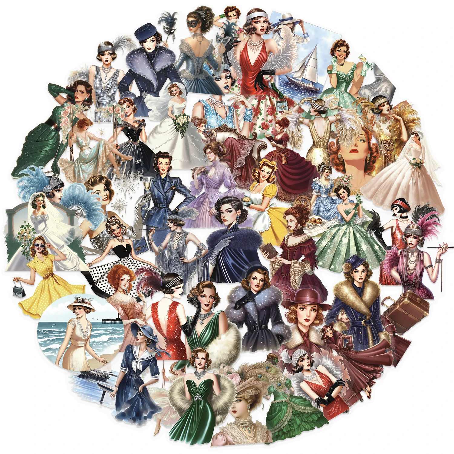 レトロなレディース防水ステッカー 50 枚 - DIY 防水再利用可能なデカール、ウォーターボトル、ジャーナル、電話、ラップトップ用