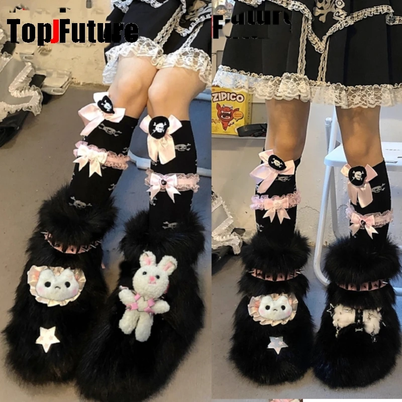 Y2K Girl Harajuku Gothic Flat Imitation Fluffy pink Cute Doll  Keep Warm Winter Snow Boots Mid Calf Furry Women Kids black Shoes