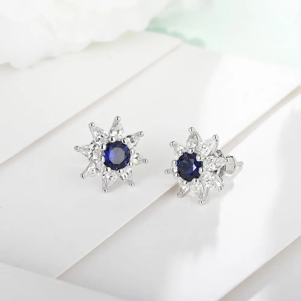 XCY Cubic Zircon Diamond Stud Earrings Flower Shaped 925 Silver Needle Simulated Sapphire Earrings Party Daily Wear Fine Jewelry