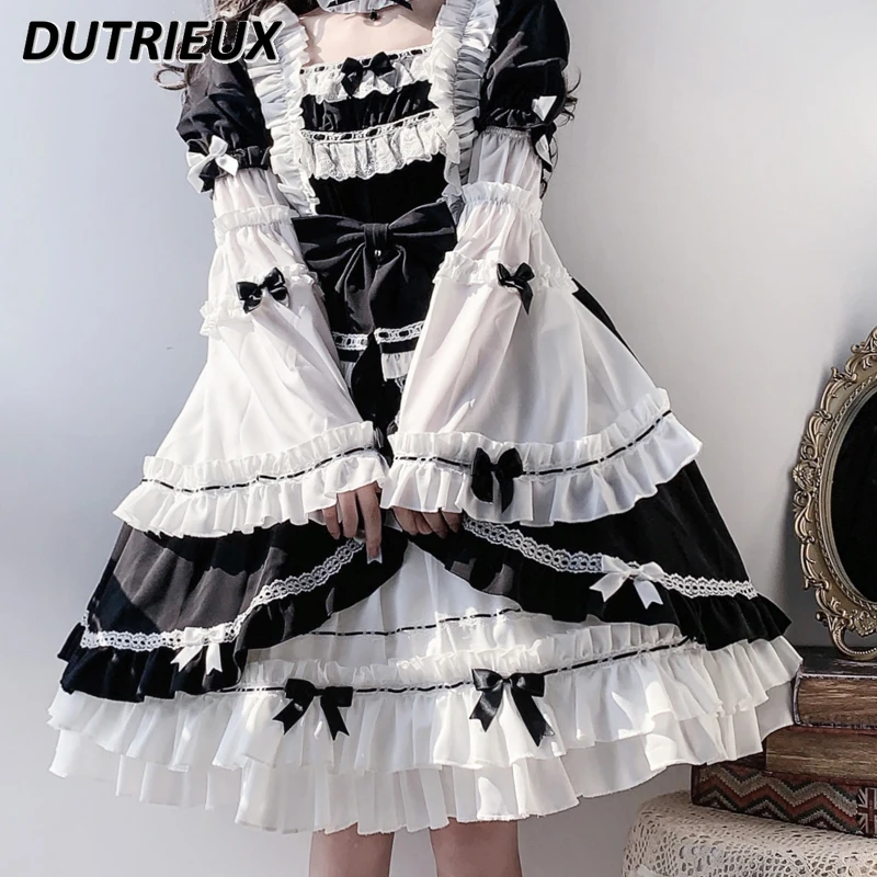 

Original Lolita Girl Mid-length Oversized Dress Contrast Color Waist Slimming A- Line Dresses Lolita Long Sleeve Princess Dress