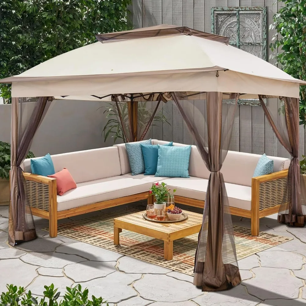 

11x11 Ft Pop Up Patio Gazebo, Gazebo Canopy Tent with Sidewalls, Outdoor Gazebo with Mosquito Netting Canopy Shelter, Beige