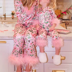 Mommy and Me Christmas Pajamas Set Feather Trim Long Sleeve Matching Xmas Pjs Mother Daughter Loungewear Nightwear