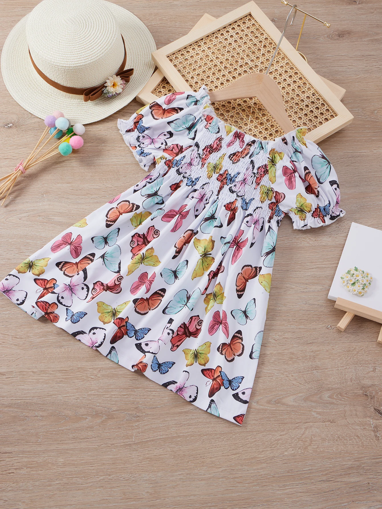 Spring colorful butterfly print girls\' dress - comfortable short sleeves and pleated neckline design
