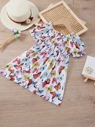 Spring colorful butterfly print girls' dress - comfortable short sleeves and pleated neckline design
