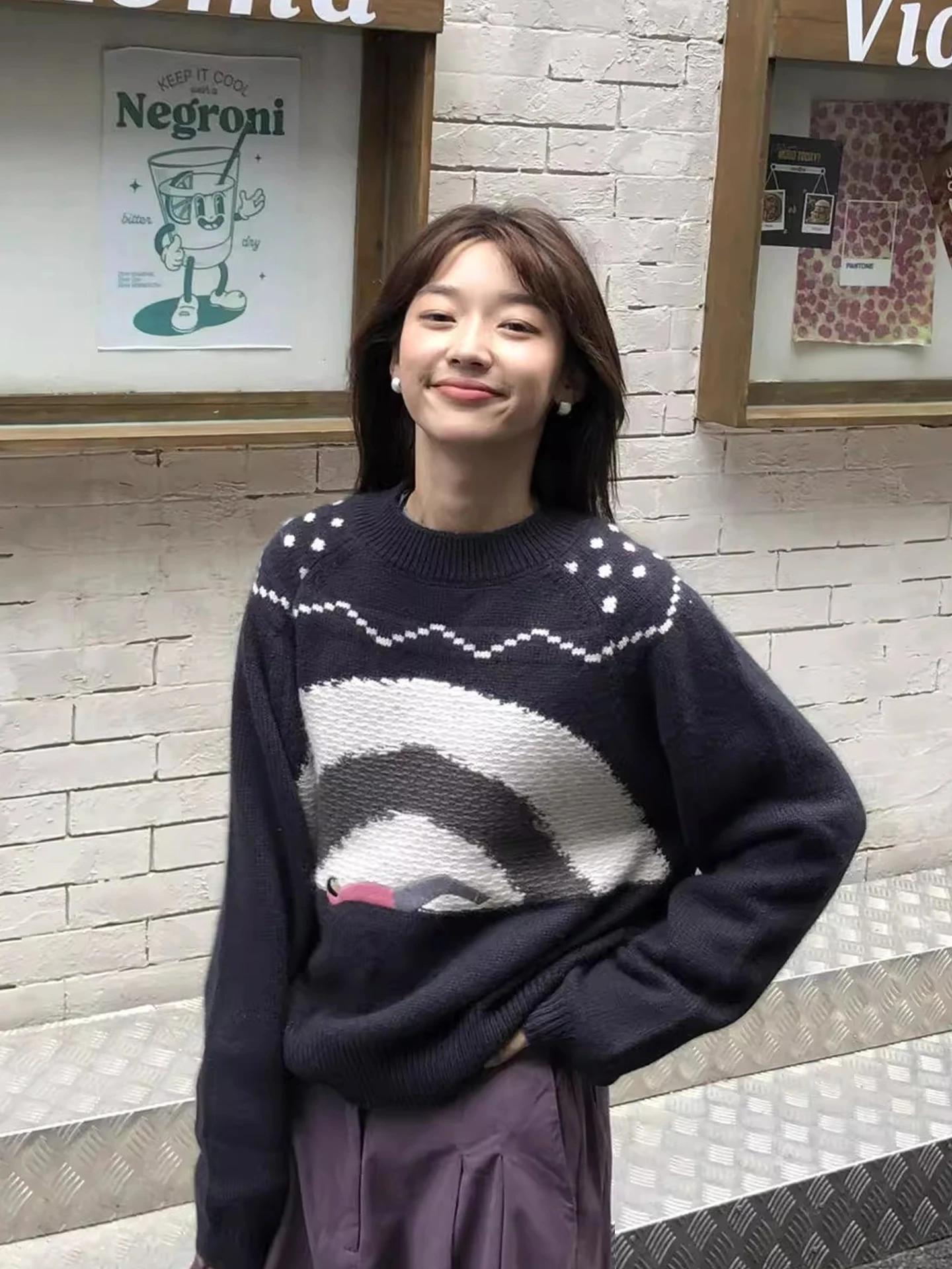 

Chic Autumn New Sle Cute Agel round Ne Cartoon Print Loose Versatile Long Sve Knitted Sweater Women's Faion