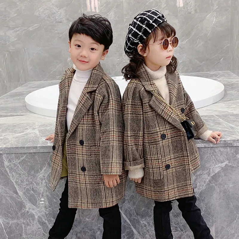 

Double sided tweed overcoat men and women children's tweed loose coat medium long Plaid windbreaker