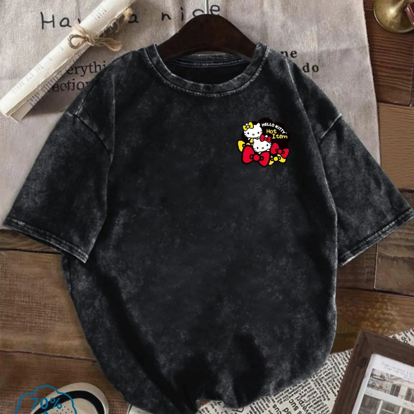 

SANRIO женская винтажная стираная футболка с короткими рукавами - мягкий топ с круглым вырезом, милый мультяшный дизайн, удобная прочная женская футболка