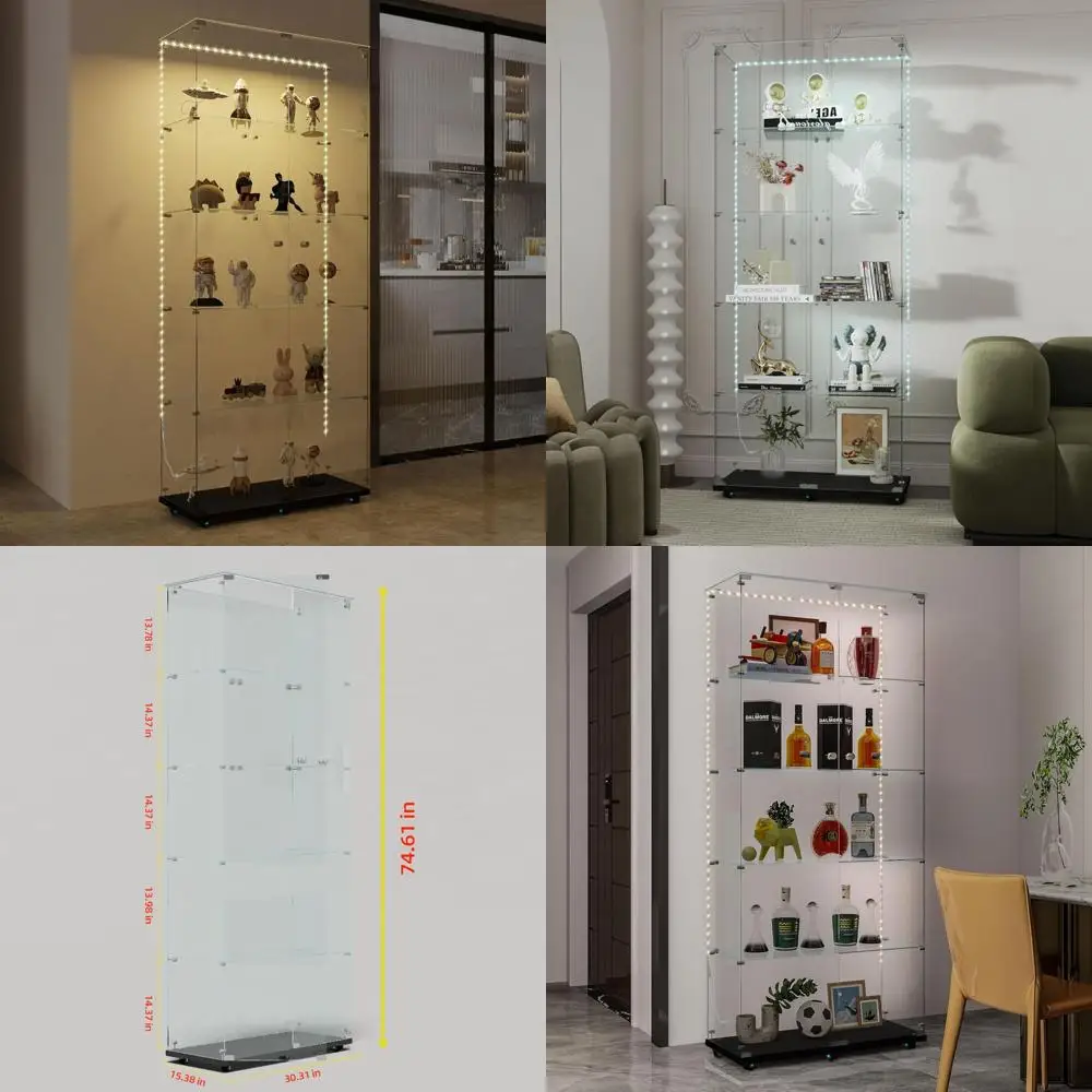 

Напольный стеклянный шкаф-витрина с 5 полками, светодиодной подсветкой Bluetooth и универсальными колесами для гостиных