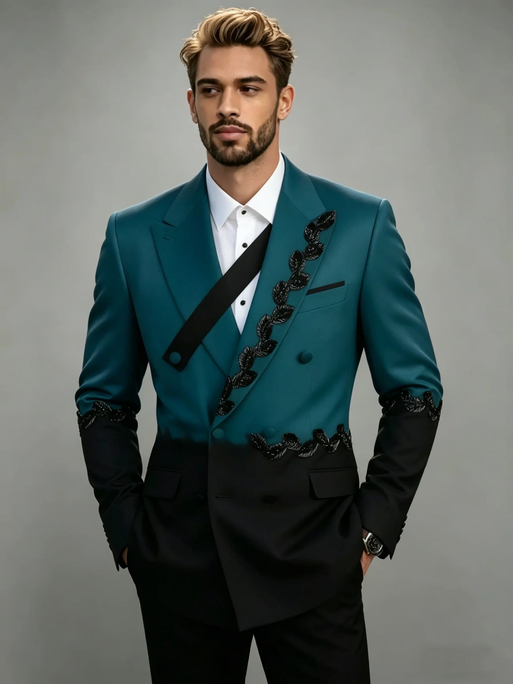 

Мужские костюмы для торжественных мероприятий, зеленые и черные с аппликациями, двубортные, свадебные, для жениха, смокинги, комплект из 2 предметов, для вечеринок.