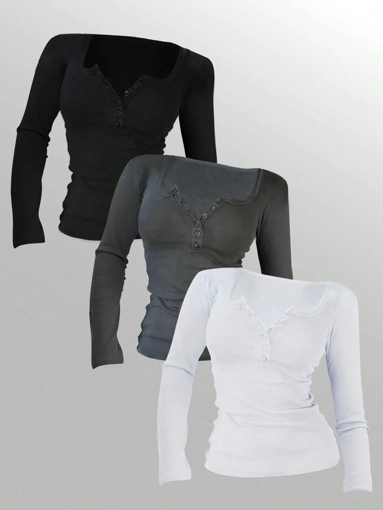 

Women's Solid Button Placket Long Sleeve Casual Henley Top for Autumn